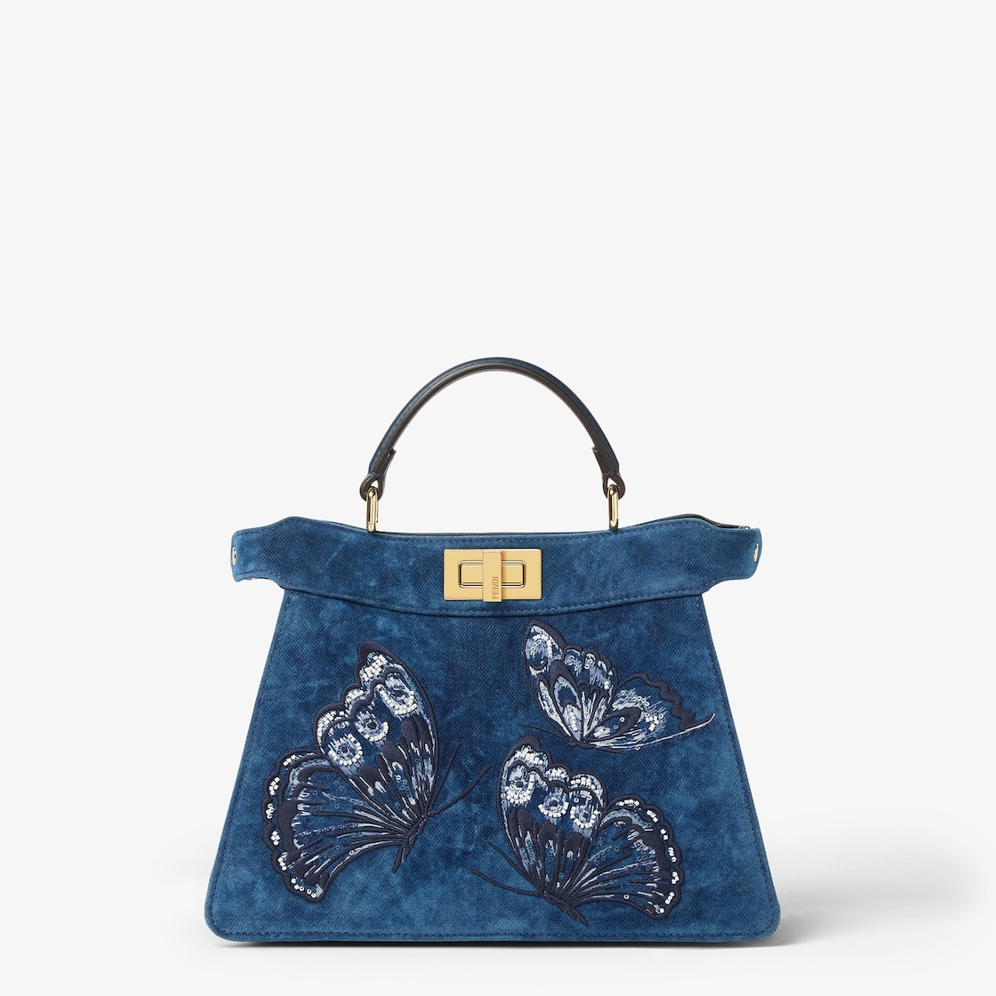 FENDI Peekaboo ISeeU Small Blue flocked denim bag with Night Butterfly embroidery - Image 1